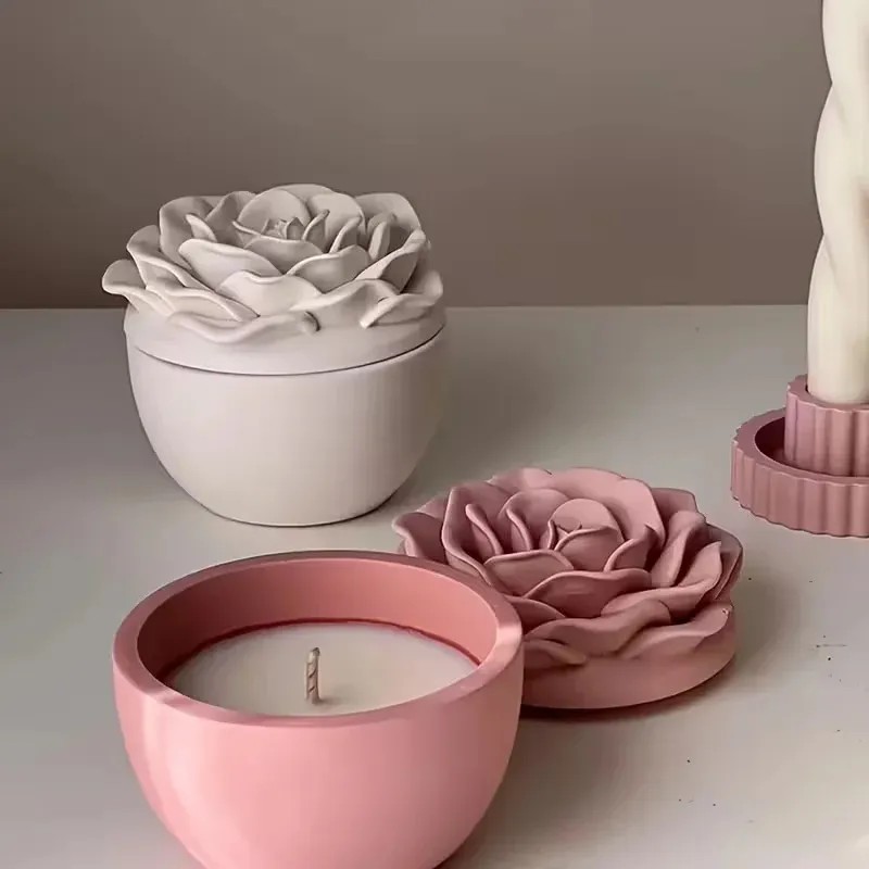Candle Making Jars With Lids - แม่พิมพ์ซิลิโคนคุณภาพสูงสำหรับทำเทียนรูปดอกกุหลาบ 3 มิติ พร้อมฝาปิด กล่องเก็บเครื่องประดับลายดอกโบตั๋น สำหรับงานฝีมือ