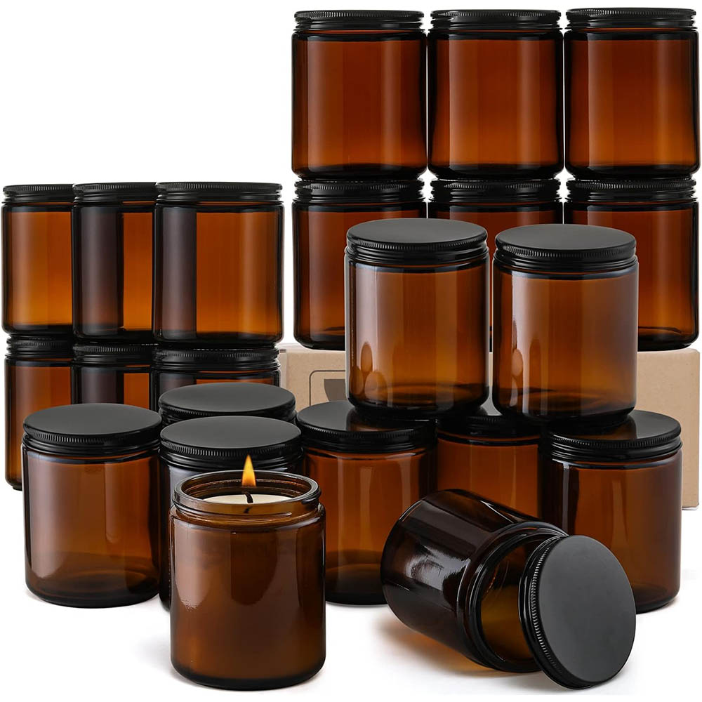 Candle Making Jars With Lids - ขวดแก้วสีอำพันขนาด 8 ออนซ์ พร้อมฝาสีดำ - สำหรับทำเทียน,